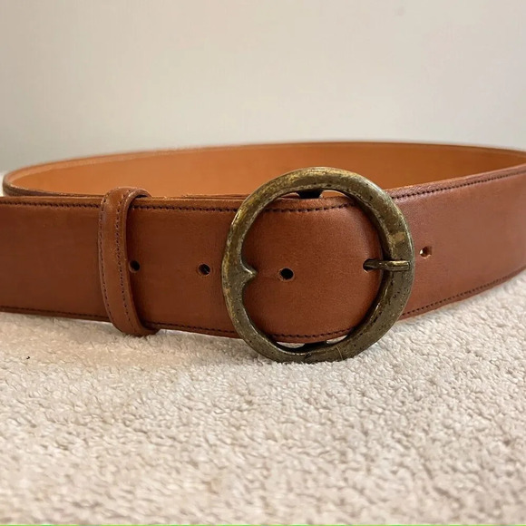 Zele' Brown Leather Belt 30 Med Cowhide Brass Circle Buckle 2" Wide Boho Classic - Picture 4 of 11